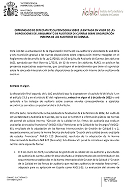 Comunicado de Expectativas Supervisoras sobre la entrada en vigor de las disposiciones del Reglamento de Auditora de Cuentas sobre Organizacin Interna de los Auditores de Cuentas (ICAC - Abril 2022)