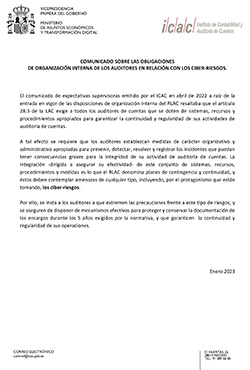 Comunicado sobre las obligaciones de organizacin interna de los auditores en relacin con los ciber-riesgos